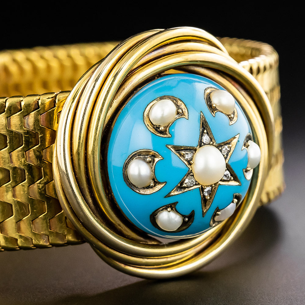 Victorian Turquoise Enamel and Natural Pearl Diamond Bracelet - 4