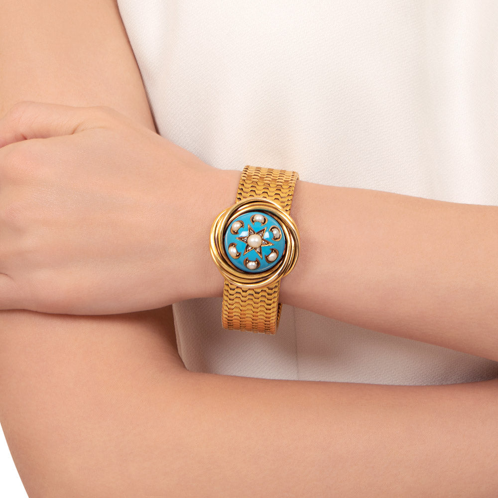 Victorian Turquoise Enamel and Natural Pearl Diamond Bracelet - 5