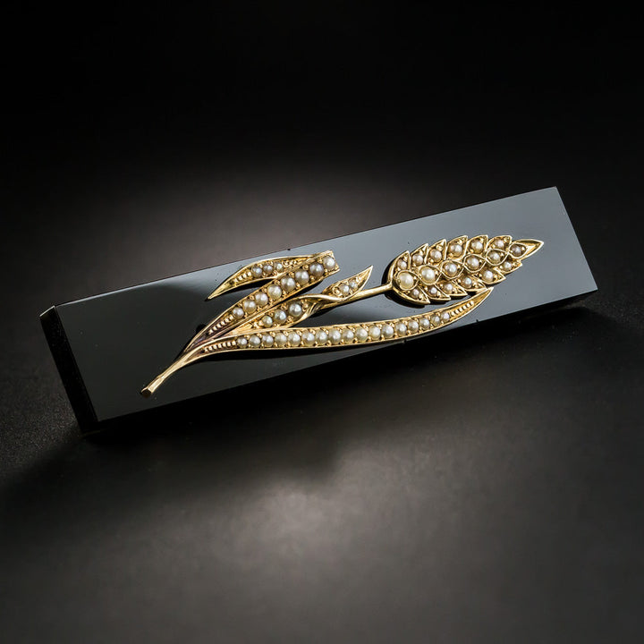 Victorian Wheat Motif Onyx and Seed Pearl Brooch/Pendant