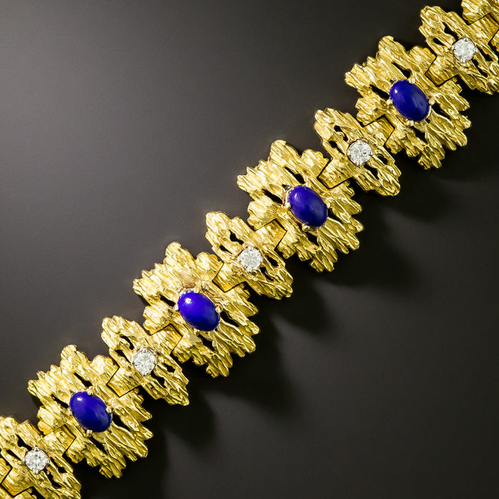 Vintage 1960-70s Brutalist Diamond and Lapis Lazuli Bracelet