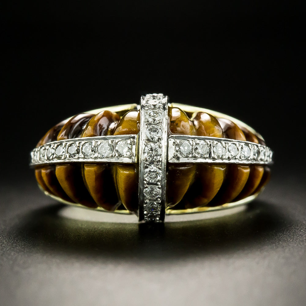 Vintage 1970s Groovy Tiger's Eye and Diamond Ring, Size 7 - 1