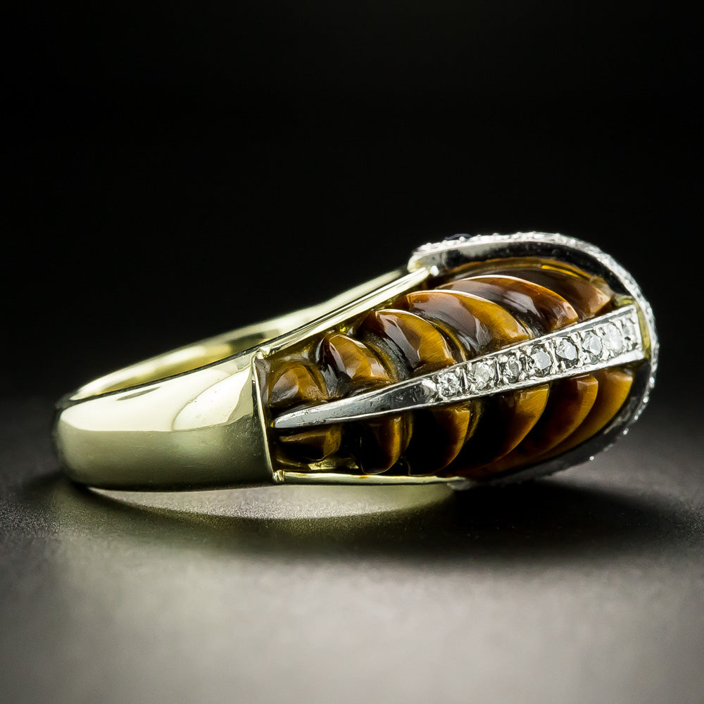 Vintage 1970s Groovy Tiger's Eye and Diamond Ring, Size 7 - 2