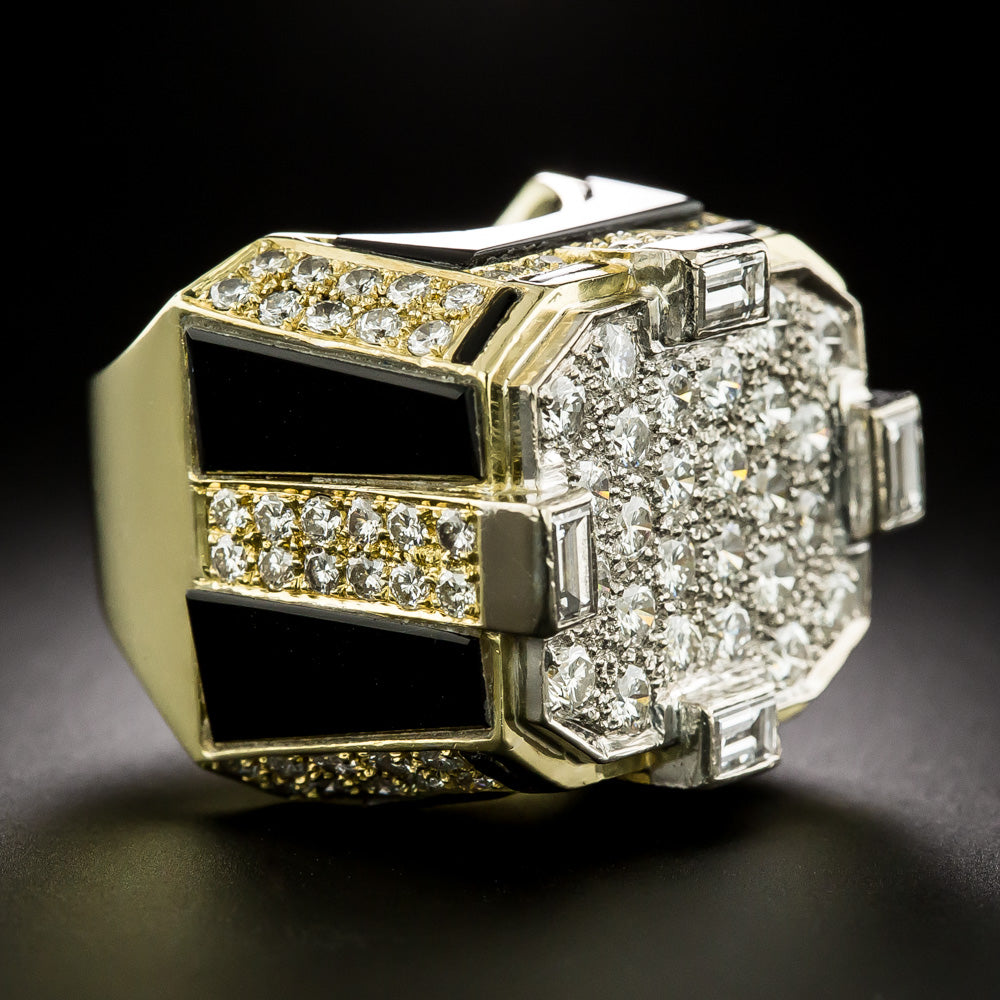 Vintage 1980s Bold Onyx and Diamond Ring, Size 6 - 4