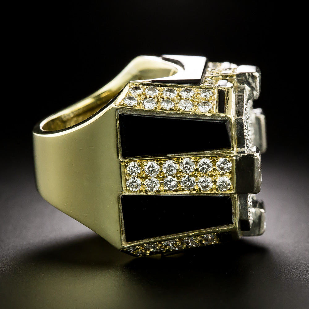 Vintage 1980s Bold Onyx and Diamond Ring, Size 6 - 5