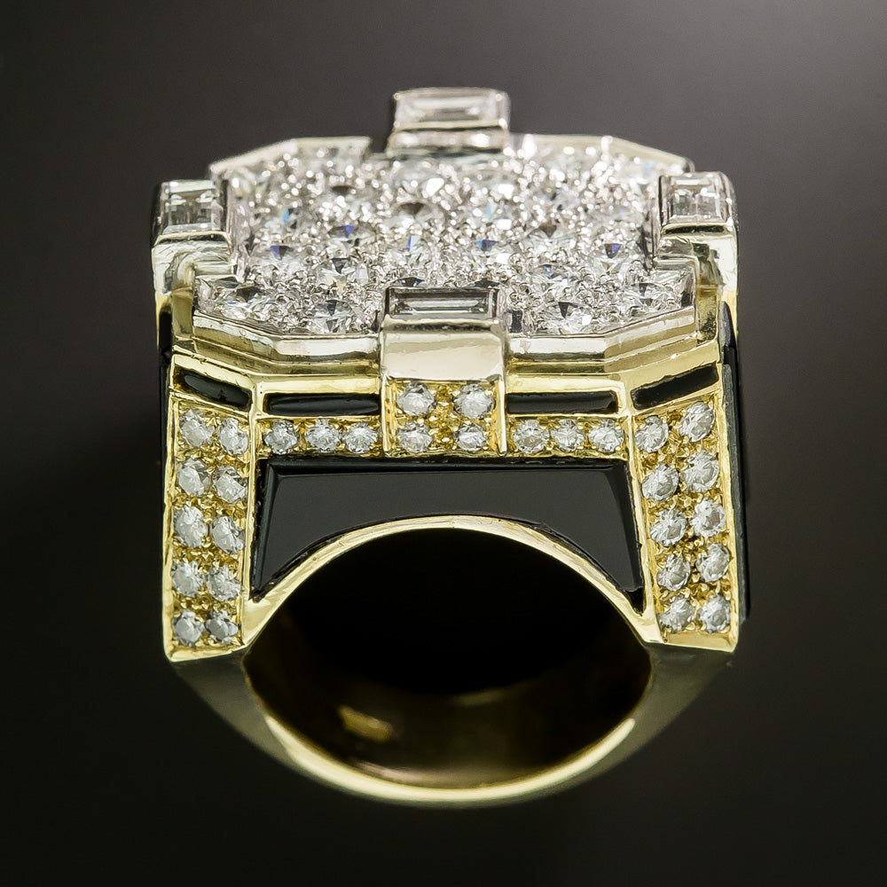 Vintage 1980s Bold Onyx and Diamond Ring, Size 6 - 6