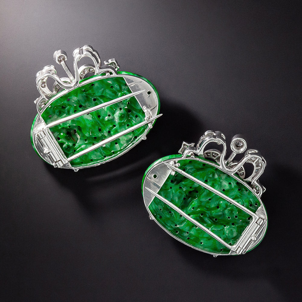 Vintage Carved Jade and Diamond Clips - 3
