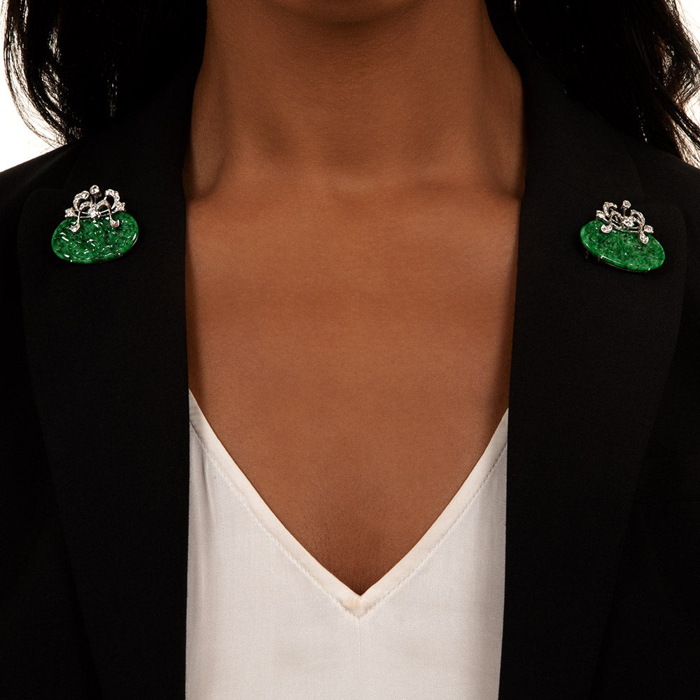 Vintage Carved Jade and Diamond Clips - 5