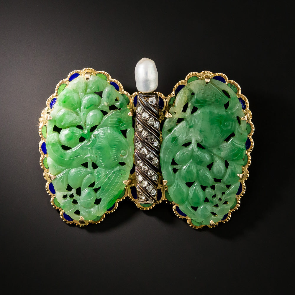 Vintage Carved Natural Jade Butterfly Brooch - GIA - 1