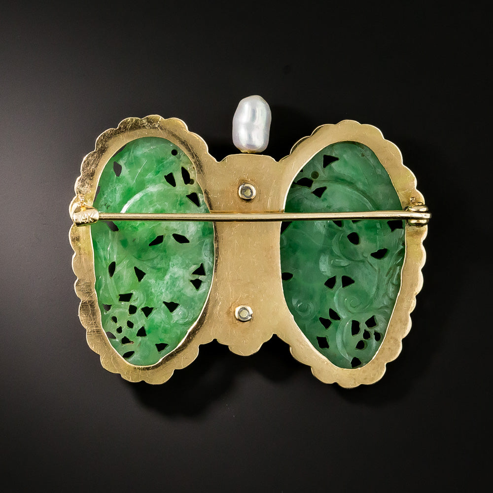 Vintage Carved Natural Jade Butterfly Brooch - GIA - 2