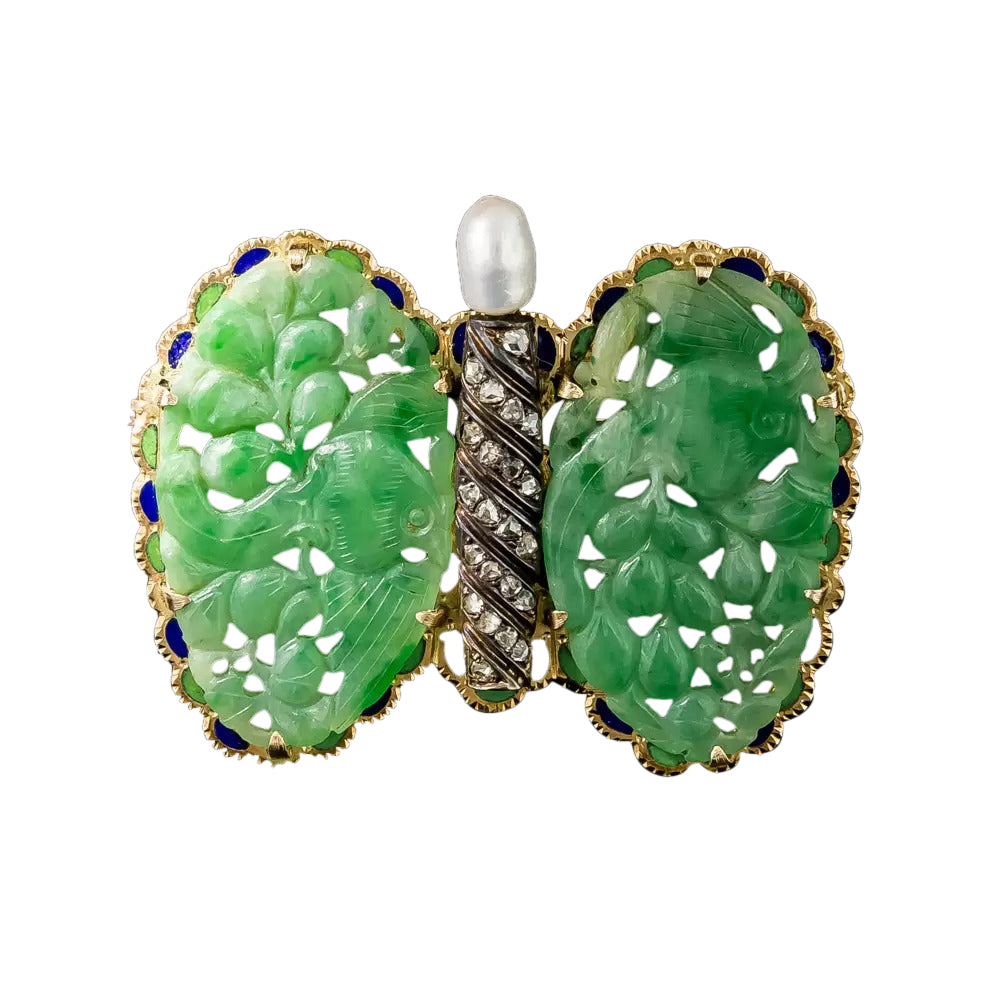 Vintage Carved Natural Jade Butterfly Brooch - GIA - 3