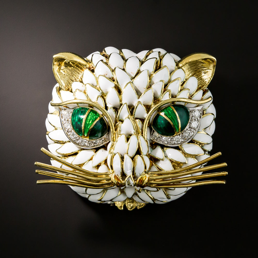 Vintage Enamel and Diamond Cat Brooch - 1