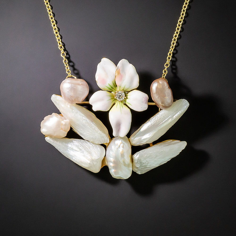 Vintage Enameled Pansy and Freshwater Pearl Pendant/Brooch - 1