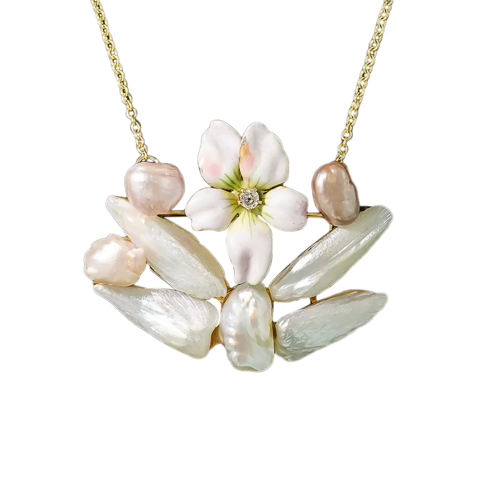Vintage Enameled Pansy and Freshwater Pearl Pendant/Brooch