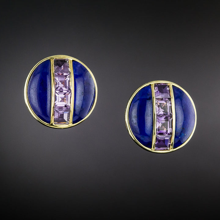 Vintage Lapis and Amethyst Button Earrings By Ilaro