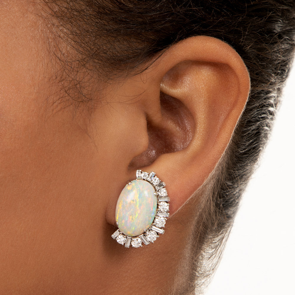 Vintage Opal and Diamond Clip Earrings By Raymond Yard  - 6