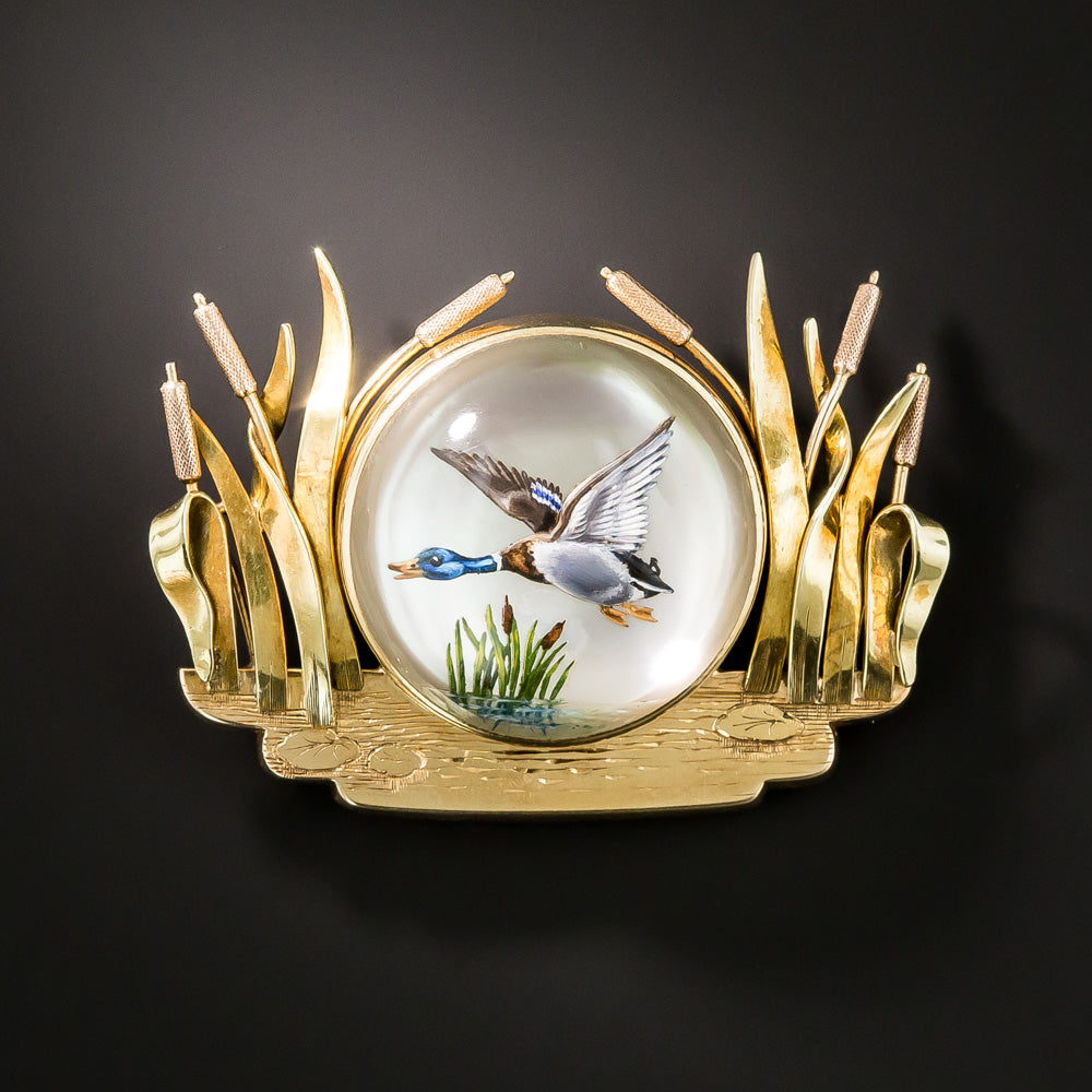 Vintage Reverse Intaglio Crystal Duck Brooch - 1