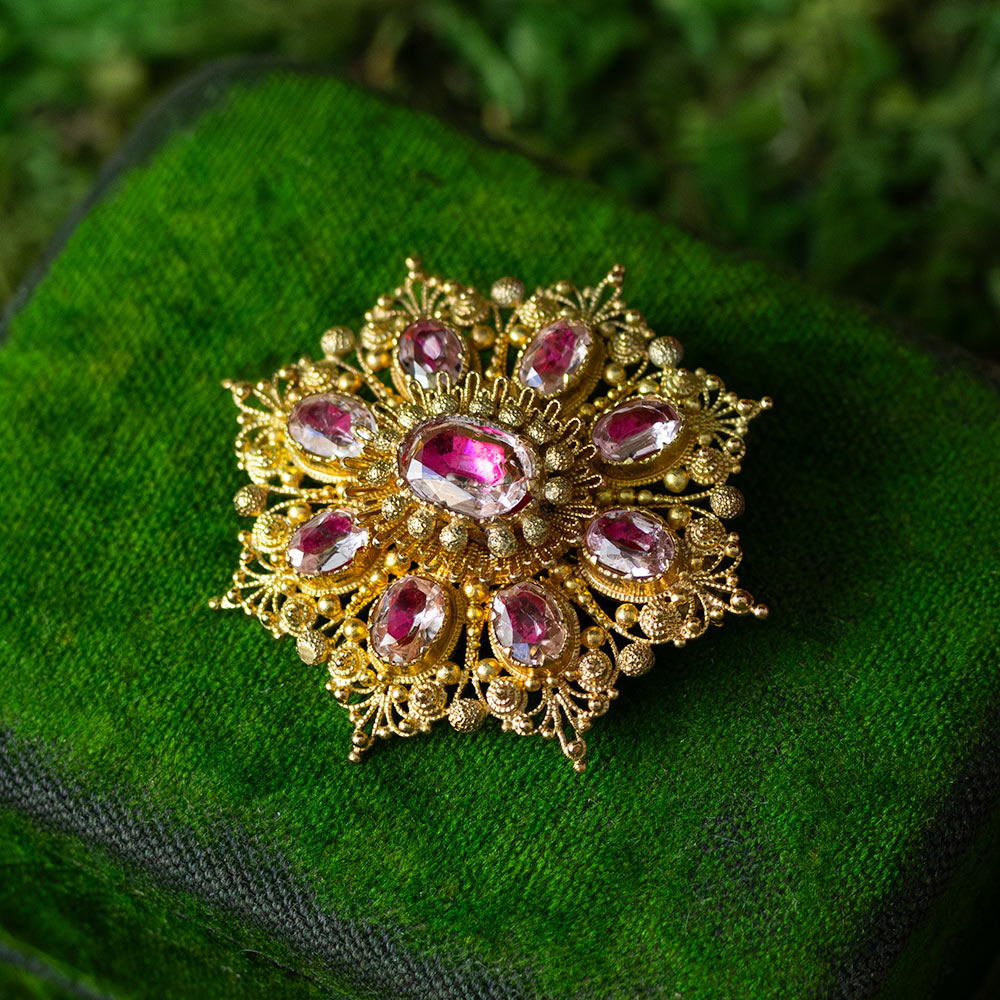 Georgian 18K Pink Topaz* Filigree Brooch