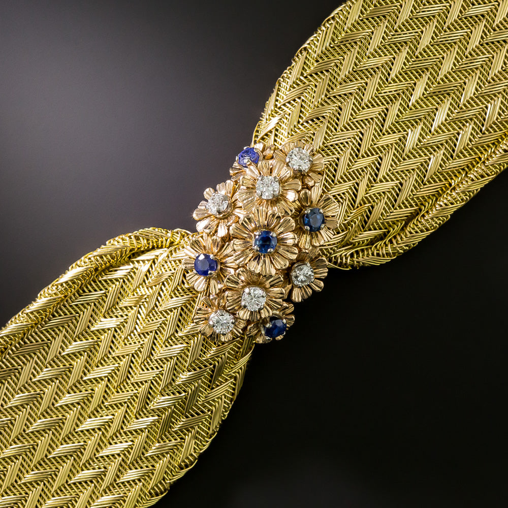 Wide 18K Mesh Bracelet with Diamonds and Sapphires - 6