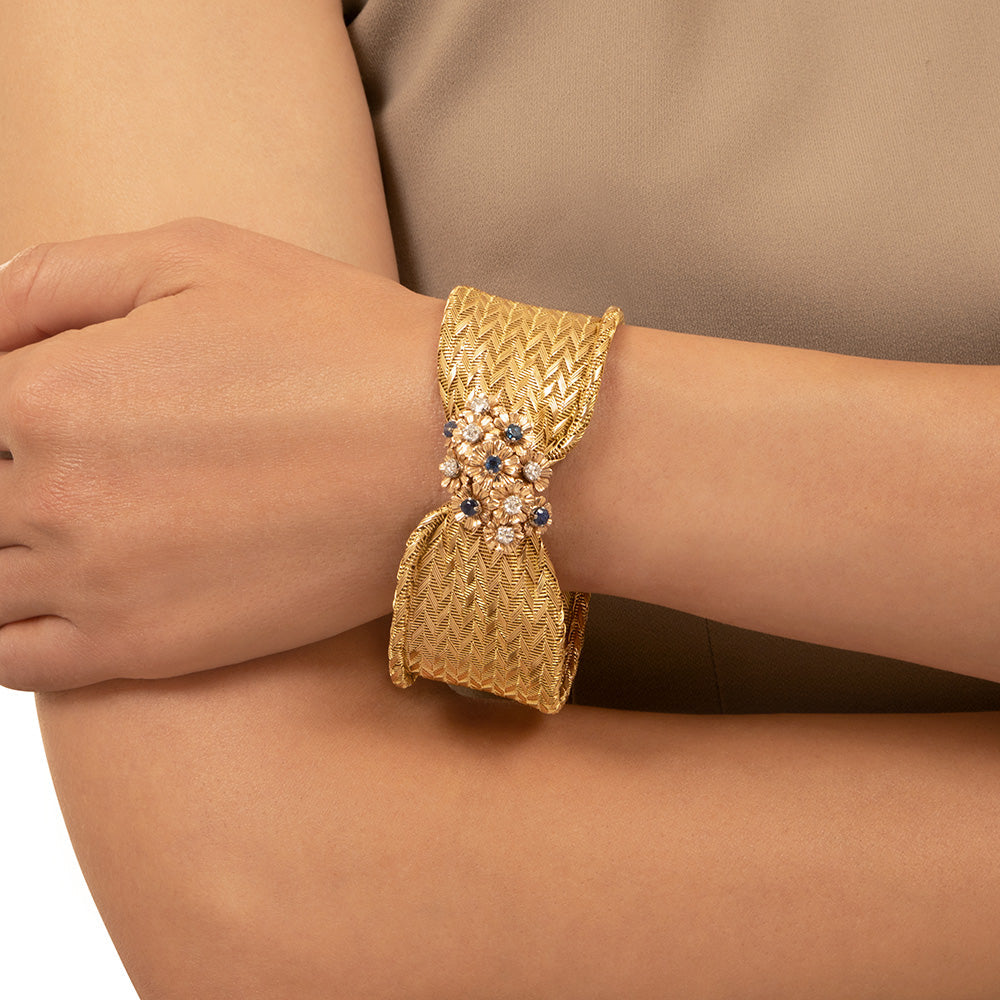Wide 18K Mesh Bracelet with Diamonds and Sapphires - 8