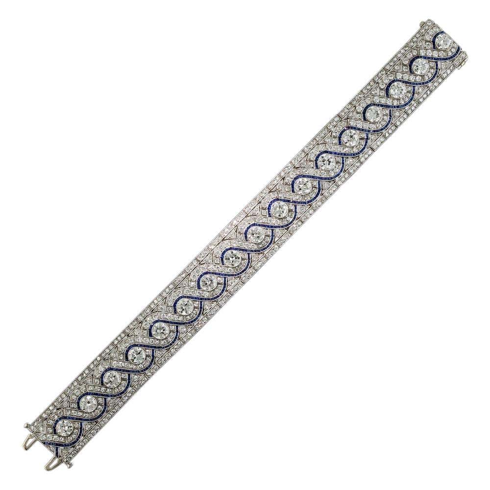 Wide Art Deco 20.00 Carat Total Weight Diamond and Sapphire* Bracelet - 6