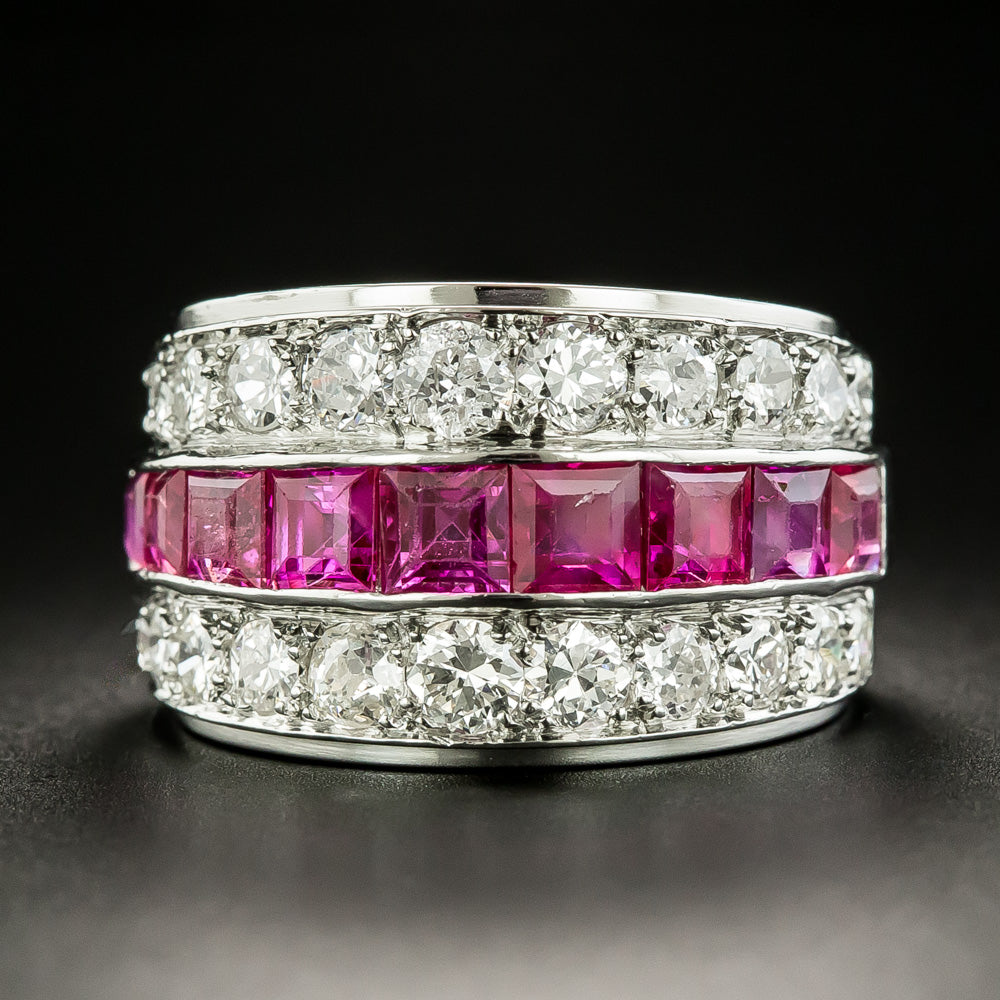 Wide Art Deco Ruby And Diamond Band Ring - 2