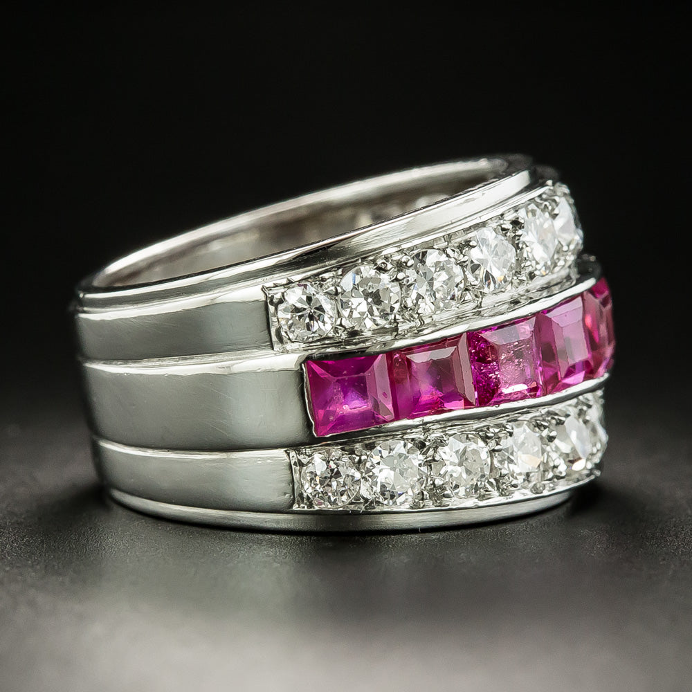 Wide Art Deco Ruby And Diamond Band Ring - 3