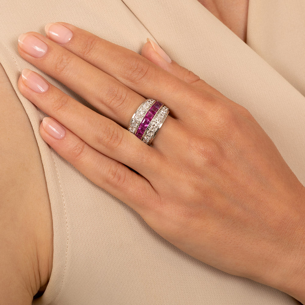 Wide Art Deco Ruby And Diamond Band Ring - 5